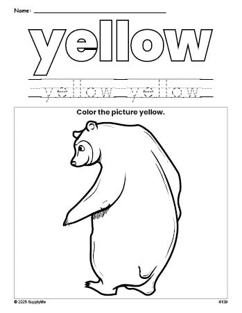 Free bear color yellow coloring page and color worksheet, yellow worksheet for preschoolers to learn colors, printable PDF