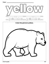 Free bear color yellow coloring page and color worksheet, yellow worksheet for preschoolers to learn colors, printable PDF