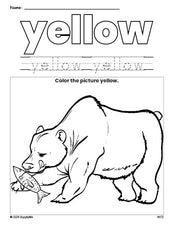 Free bear color yellow coloring page and color worksheet, yellow worksheet for preschoolers to learn colors, printable PDF