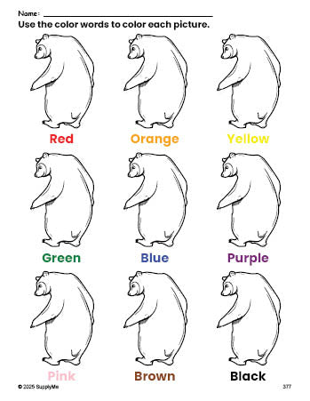 Free bear coloring page and color worksheet for preschoolers to learn colors, printable PDF