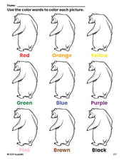 Free bear coloring page and color worksheet for preschoolers to learn colors, printable PDF