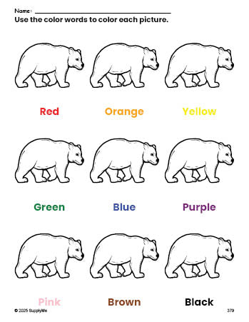 Free bear coloring page and color worksheet for preschoolers to learn colors, printable PDF