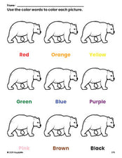 Free bear coloring page and color worksheet for preschoolers to learn colors, printable PDF