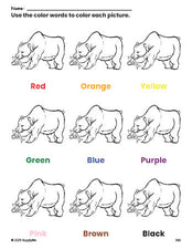 Free bear coloring page and color worksheet for preschoolers to learn colors, printable PDF