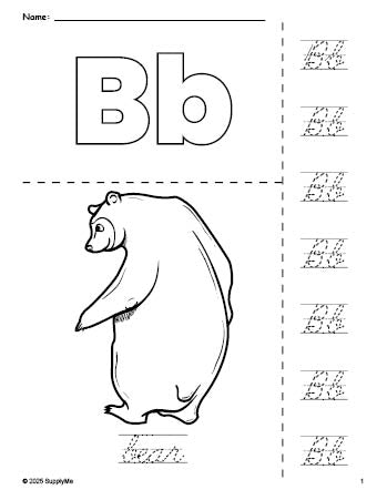 Free printable bear coloring page and cursive letter tracing worksheet, letter b worksheet for preschool, pre-k, and kindergarten, PDF