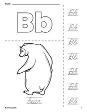 Free printable bear coloring page and cursive letter tracing worksheet, letter b worksheet for preschool, pre-k, and kindergarten, PDF