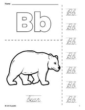 Free printable bear coloring page and cursive letter tracing worksheet, letter b worksheet for preschool, pre-k, and kindergarten, PDF