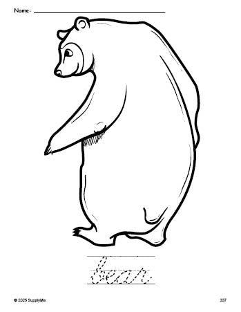 Free printable bear coloring page and cursive word tracing worksheet, perfect for preschool, pre-k, and kindergarten, PDF