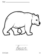 Free printable bear coloring page and cursive word tracing worksheet, perfect for preschool, pre-k, and kindergarten, PDF