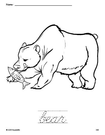 Free printable bear coloring page and cursive word tracing worksheet, perfect for preschool, pre-k, and kindergarten, PDF