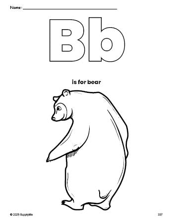 Free printable bear coloring page, letter b coloring page for preschool, pre-k, and kindergarten, PDF