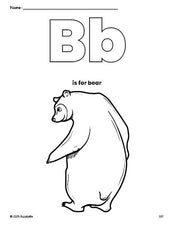 Free printable bear coloring page, letter b coloring page for preschool, pre-k, and kindergarten, PDF