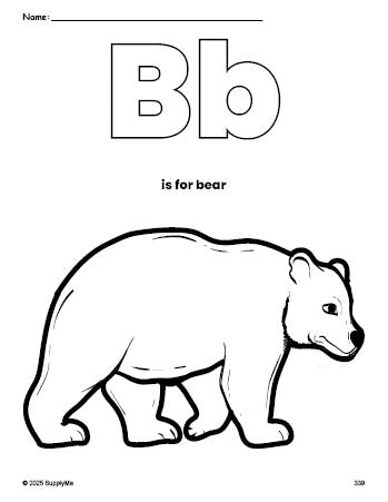 Free printable bear coloring page, letter b coloring page for preschool, pre-k, and kindergarten, PDF