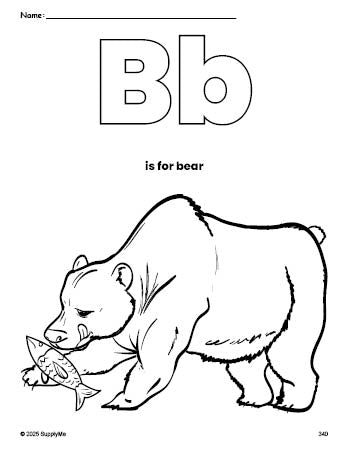 Free printable bear coloring page, letter b coloring page for preschool, pre-k, and kindergarten, PDF