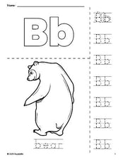 Free printable bear coloring page and letter tracing worksheet, letter b worksheet for preschool, pre-k, and kindergarten, PDF