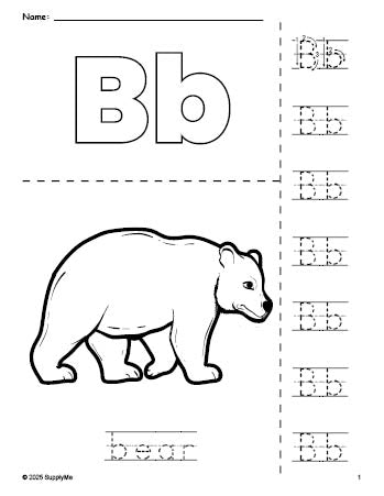 Free printable bear coloring page and letter tracing worksheet, letter b worksheet for preschool, pre-k, and kindergarten, PDF