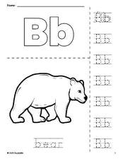 Free printable bear coloring page and letter tracing worksheet, letter b worksheet for preschool, pre-k, and kindergarten, PDF