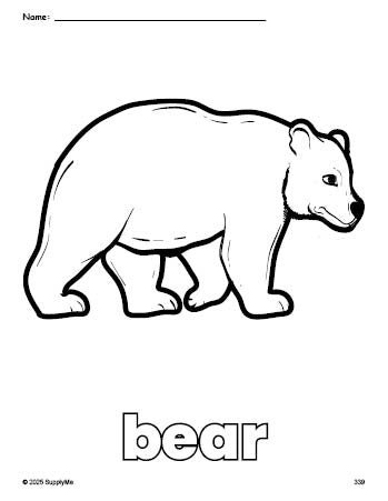 Free printable bear coloring page for preschool, pre-k, and kindergarten, PDF