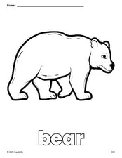 Free printable bear coloring page for preschool, pre-k, and kindergarten, PDF