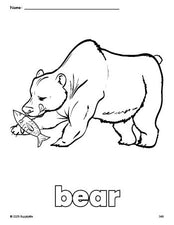 Free printable bear coloring page for preschool, pre-k, and kindergarten, PDF