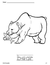 Free printable bear coloring page and word tracing worksheet, letter formation guides, perfect for preschool, pre-k, and kindergarten, PDF