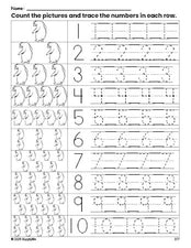 Free printable bear counting worksheet for preschool and pre-k with number tracing practice 1-10, PDF