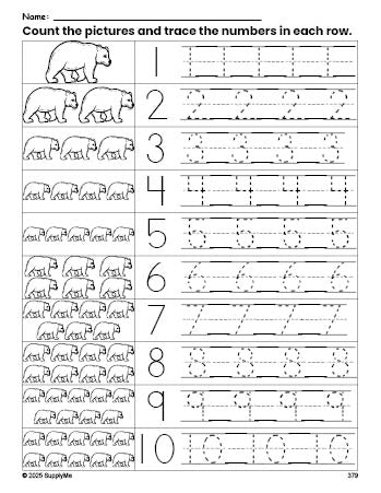 Free printable bear counting worksheet for preschool and pre-k with number tracing practice 1-10, PDF