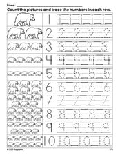 Free printable bear counting worksheet for preschool and pre-k with number tracing practice 1-10, PDF