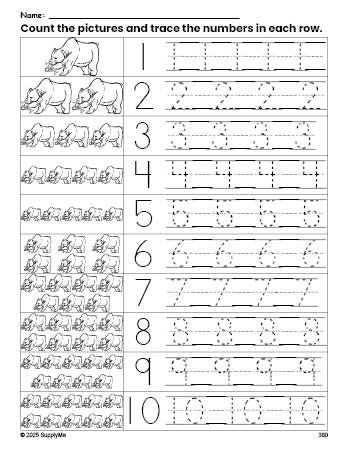 Free printable bear counting worksheet for preschool and pre-k with number tracing practice 1-10, PDF