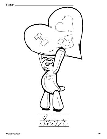 Free printable bear Valentine's Day coloring page and cursive word tracing worksheet, perfect for preschool, pre-k, and kindergarten, PDF