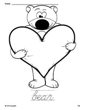 Free printable bear Valentine's Day coloring page and cursive word tracing worksheet, perfect for preschool, pre-k, and kindergarten, PDF