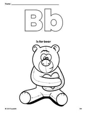 Free printable bear Valentine's Day coloring page, letter b coloring page for preschool, pre-k, and kindergarten, PDF