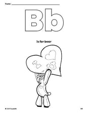 Free printable bear Valentine's Day coloring page, letter b coloring page for preschool, pre-k, and kindergarten, PDF