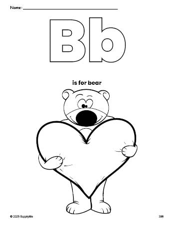 Free printable bear Valentine's Day coloring page, letter b coloring page for preschool, pre-k, and kindergarten, PDF