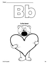 Free printable bear Valentine's Day coloring page, letter b coloring page for preschool, pre-k, and kindergarten, PDF