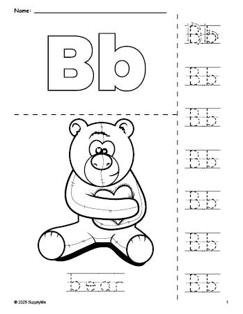 Free printable bear Valentine's Day coloring page and letter tracing worksheet, letter b worksheet for preschool, pre-k, and kindergarten, PDF