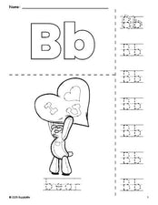 Free printable bear Valentine's Day coloring page and letter tracing worksheet, letter b worksheet for preschool, pre-k, and kindergarten, PDF