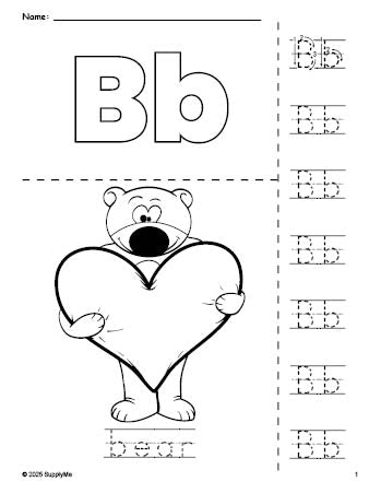 Free printable bear Valentine's Day coloring page and letter tracing worksheet, letter b worksheet for preschool, pre-k, and kindergarten, PDF