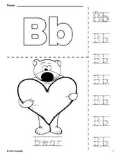 Free printable bear Valentine's Day coloring page and letter tracing worksheet, letter b worksheet for preschool, pre-k, and kindergarten, PDF