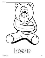 Free printable bear Valentine's Day coloring page for preschool, pre-k, and kindergarten, PDF