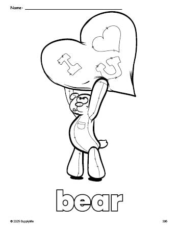 Free printable bear Valentine's Day coloring page for preschool, pre-k, and kindergarten, PDF