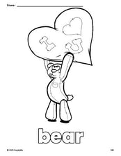 Free printable bear Valentine's Day coloring page for preschool, pre-k, and kindergarten, PDF