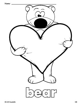 Free printable bear Valentine's Day coloring page for preschool, pre-k, and kindergarten, PDF