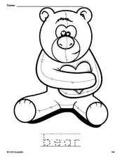 Free printable bear Valentine's Day coloring page and word tracing worksheet, perfect for preschool, pre-k, and kindergarten, PDF