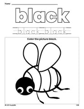 Free bee color black coloring page and color worksheet, black worksheet for preschoolers to learn colors, printable PDF