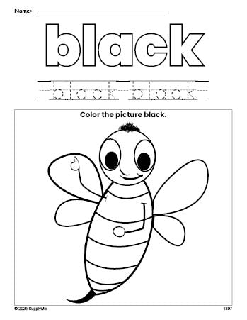 Free bee color black coloring page and color worksheet, black worksheet for preschoolers to learn colors, printable PDF