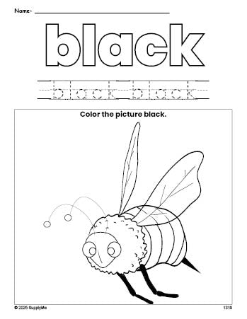 Free bee color black coloring page and color worksheet, black worksheet for preschoolers to learn colors, printable PDF