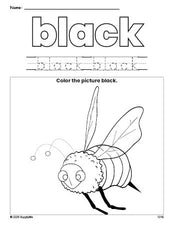 Free bee color black coloring page and color worksheet, black worksheet for preschoolers to learn colors, printable PDF