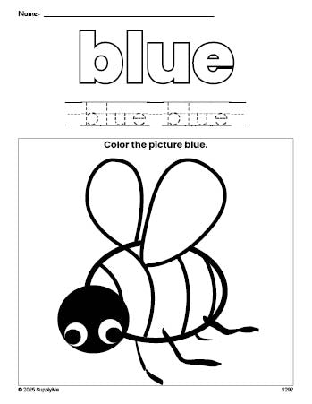 Free bee color blue coloring page and color worksheet, blue worksheet for preschoolers to learn colors, printable PDF