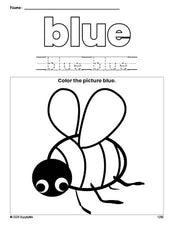 Free bee color blue coloring page and color worksheet, blue worksheet for preschoolers to learn colors, printable PDF